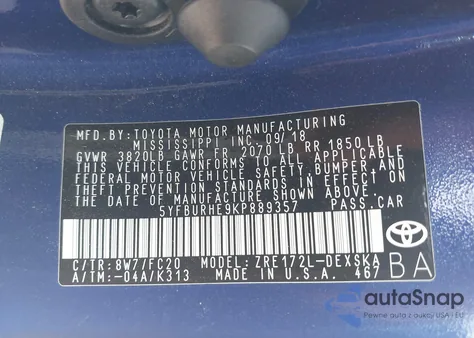 2019 Toyota Corolla Se z USA, uszkodzony, nr VIN 5YFBURHE9KP889357